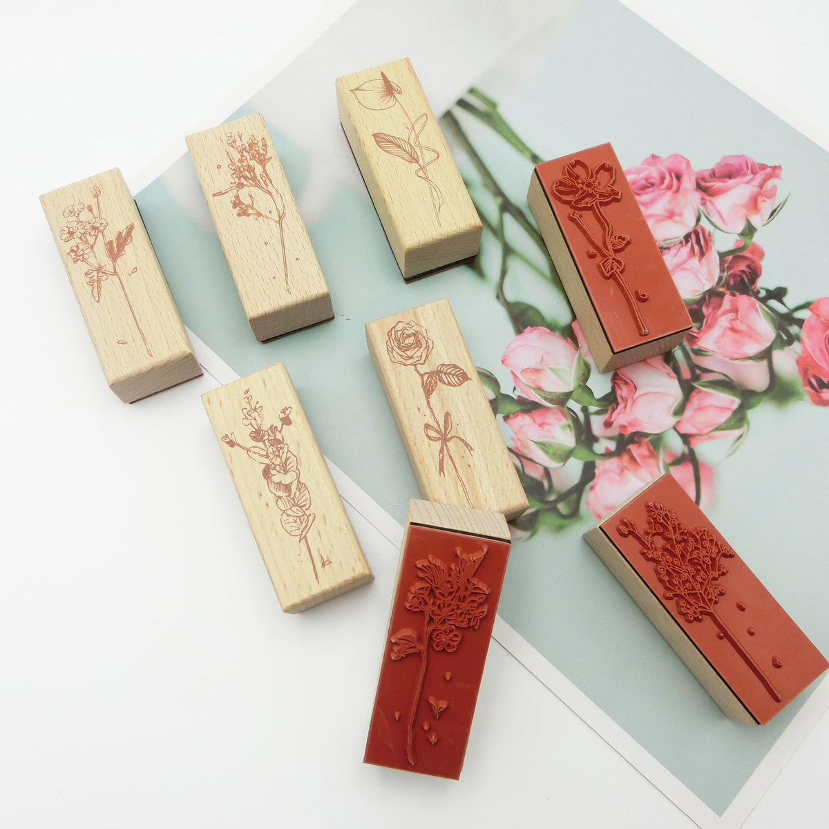 Yooqferno 8Pcs Wooden Rubber Stamp Flower Stamp Set Decorative Wood Stamp Plant Floral Set for Crafting Tool Scrapbooking Card Making Journaling Letters Diary Planner Painting