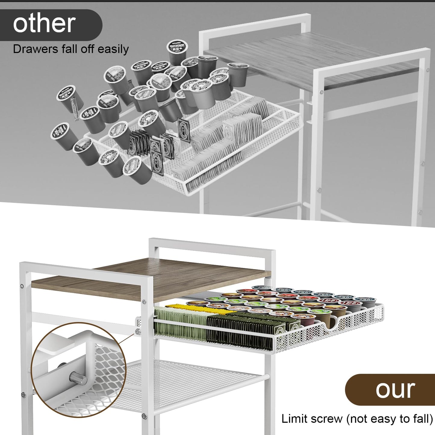 Lurgno Coffee Bar Cabinet with Storage，5 Tier Coffee Station Table on Wheels, 33.6" H Cart with Drawer for Home Kitchen, Liquor Buffet Sideboard Cabinet (Modern White)