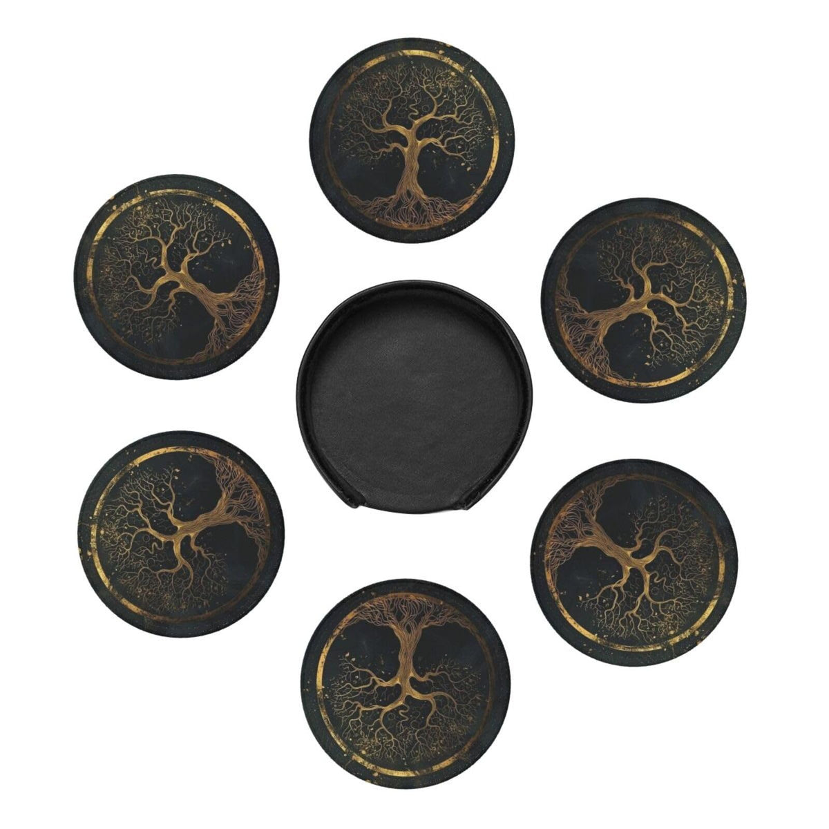 BOXIMIAO Drink Coasters with Holder Stand Set of 6, Marble Gold Tree of Life Pu Leather Absorbent Coasters with Cork Base Table Round Coaster for Housewarming Apartment Kitchen Bar Decor