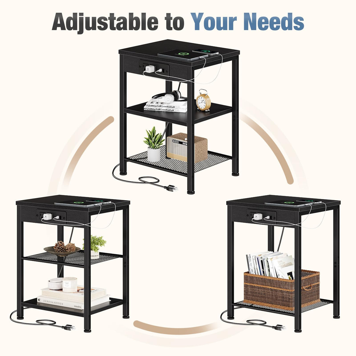 DUMOS 15.7" Small Side Table with Charging Station, End Table with Outlets & USB Ports, 3-Tier Adjustable Storage Nightstand for Living Room, Bedroom, Small Spaces, Record Player Stand, Black