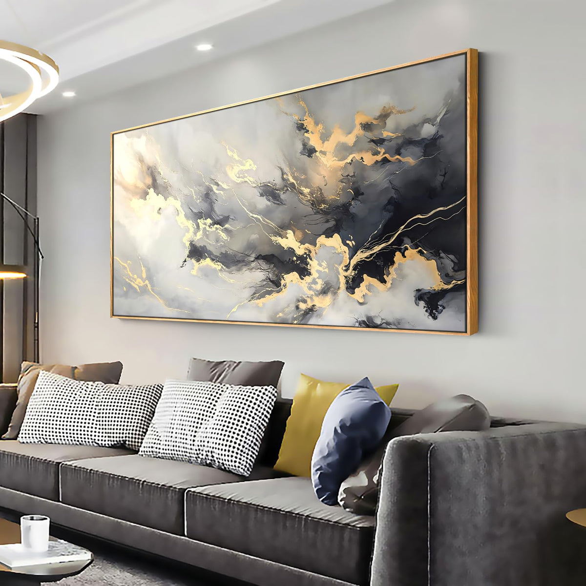 youkuart Wall Art Abstract Artwork Fluid Lines Marble Art Black and Gold Canvas Prints for Living Room Bedroom Dining Room Home Office Decor Large Framed Ready to Hang 20"x40"