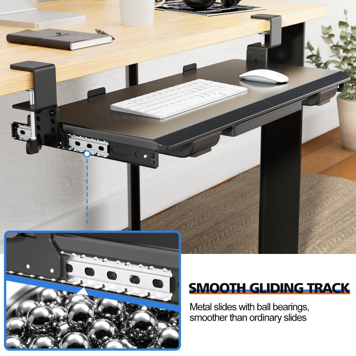 OUKMIC Large Height Adjustable Keyboard Tray with Sturdy C-Clamp Mount and Storage Drawer, 27"(31"Including Clamps) x 12" Slide Out Ergonomic Keyboard Trays for Home and Office, Black