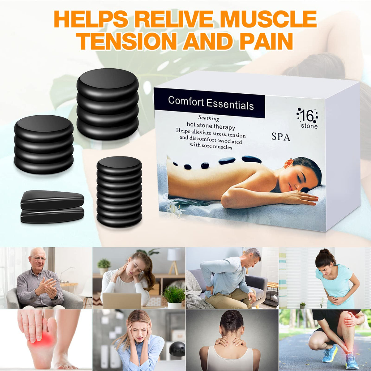 Yunsailing 18 Pcs Hot Stones Massage Set Black Smooth Massage Hot Stones Bianstone Set for Home Spa Warming Relaxing Pain Relief