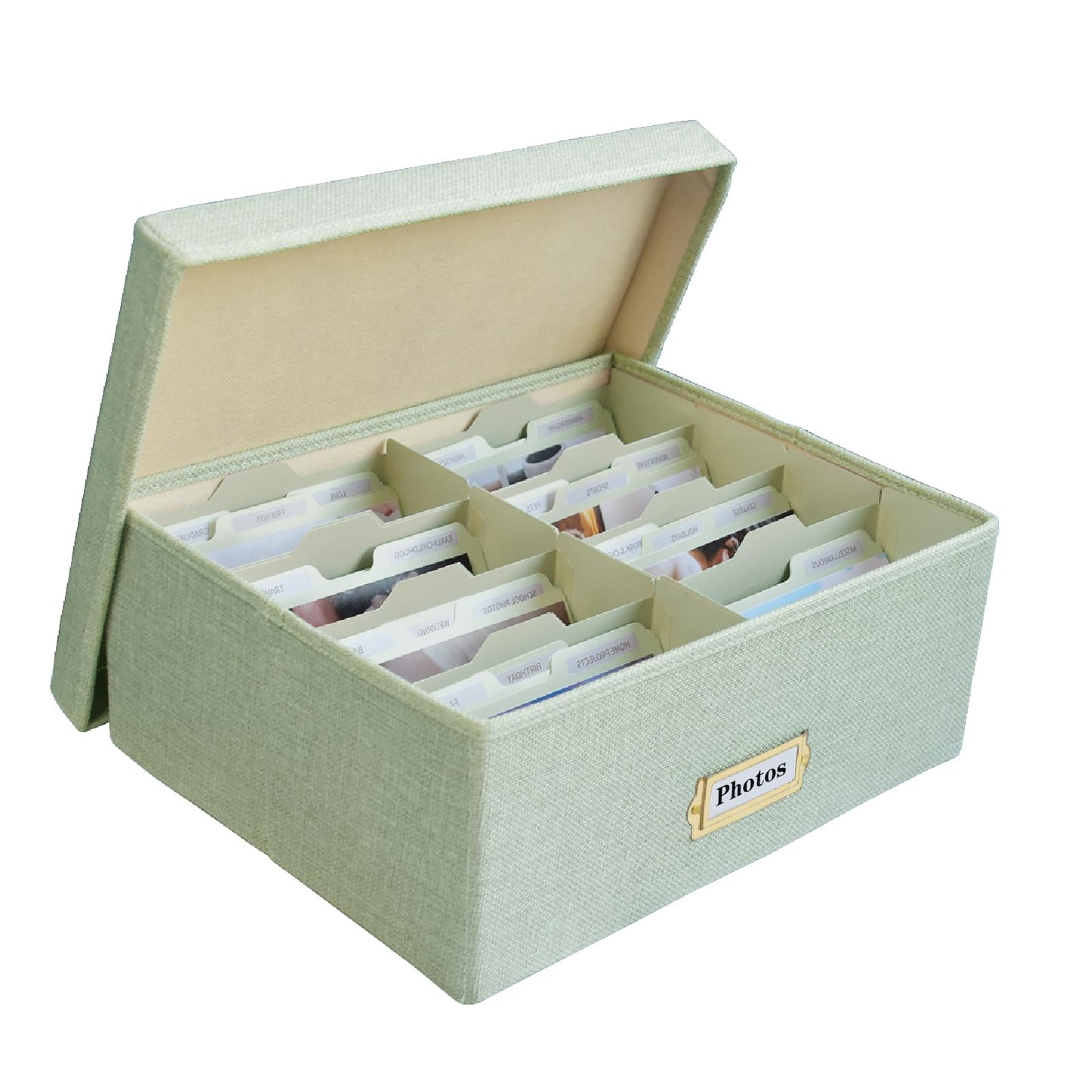 Sprsthai Linen Photo Storage Box – Holds 1700 Photos, 24 Adjustable Dividers & 72 Labels Multi-Use Organizer for Photos, Envelopes, Recipes Beige