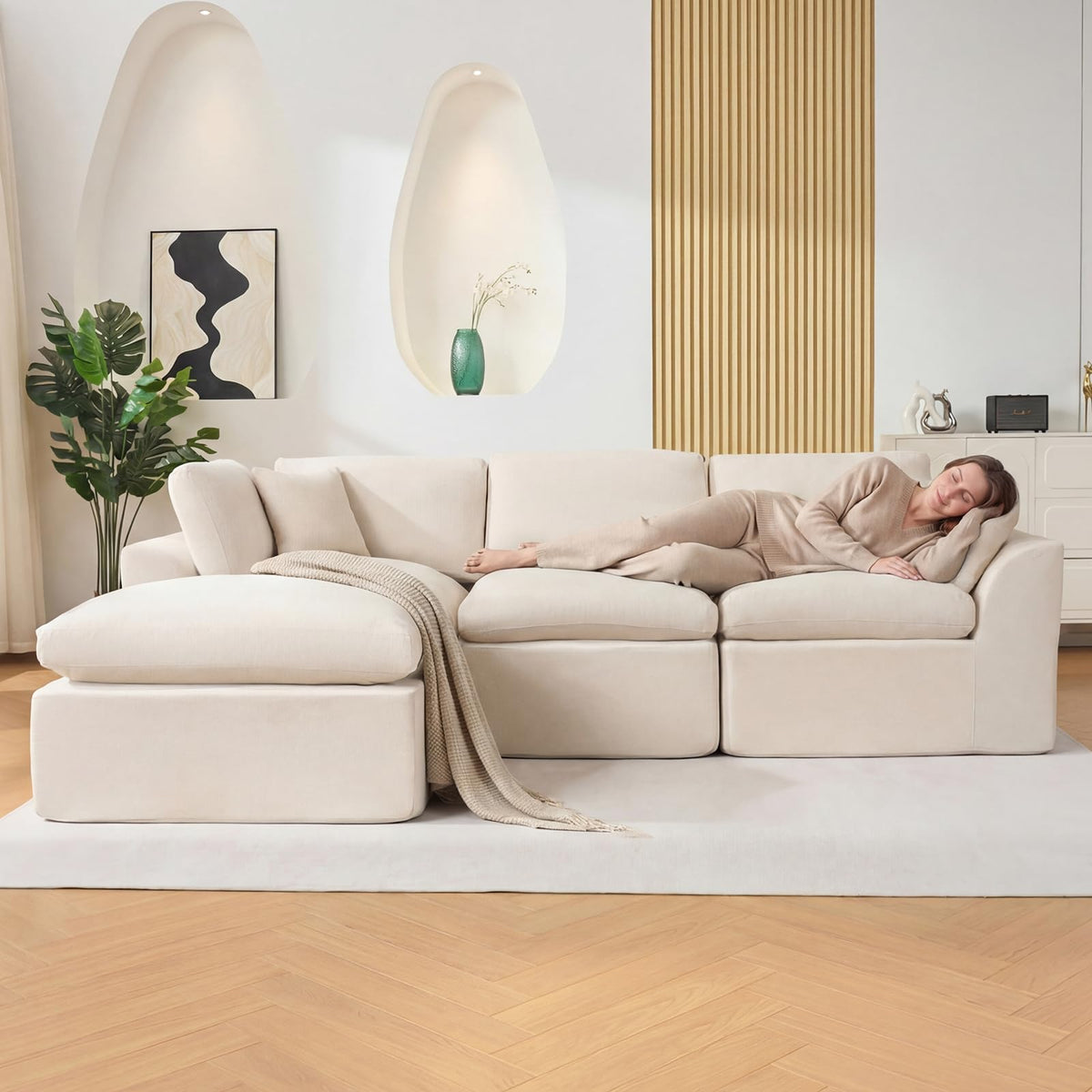 Garvee Modular Sectional Sofa, 110'' Sponge Compression Sofas with Deep Seat, Sectional Couches for Living Room and Bedroom, No Assembly Required, White