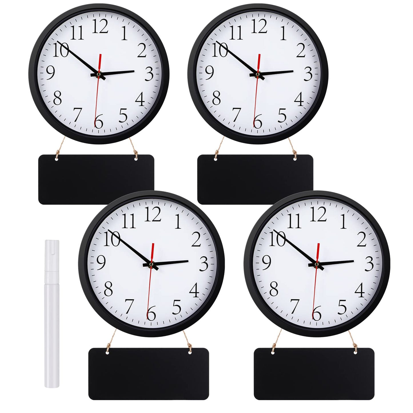 Juinte 4 Pcs Silent Wall Clocks 10 Inch with Chalkboards and Marker, Battery Operated Round Multi Time Zone Clocks for Home, Kitchen, School, Office, Reception Areas, Classroom Decor