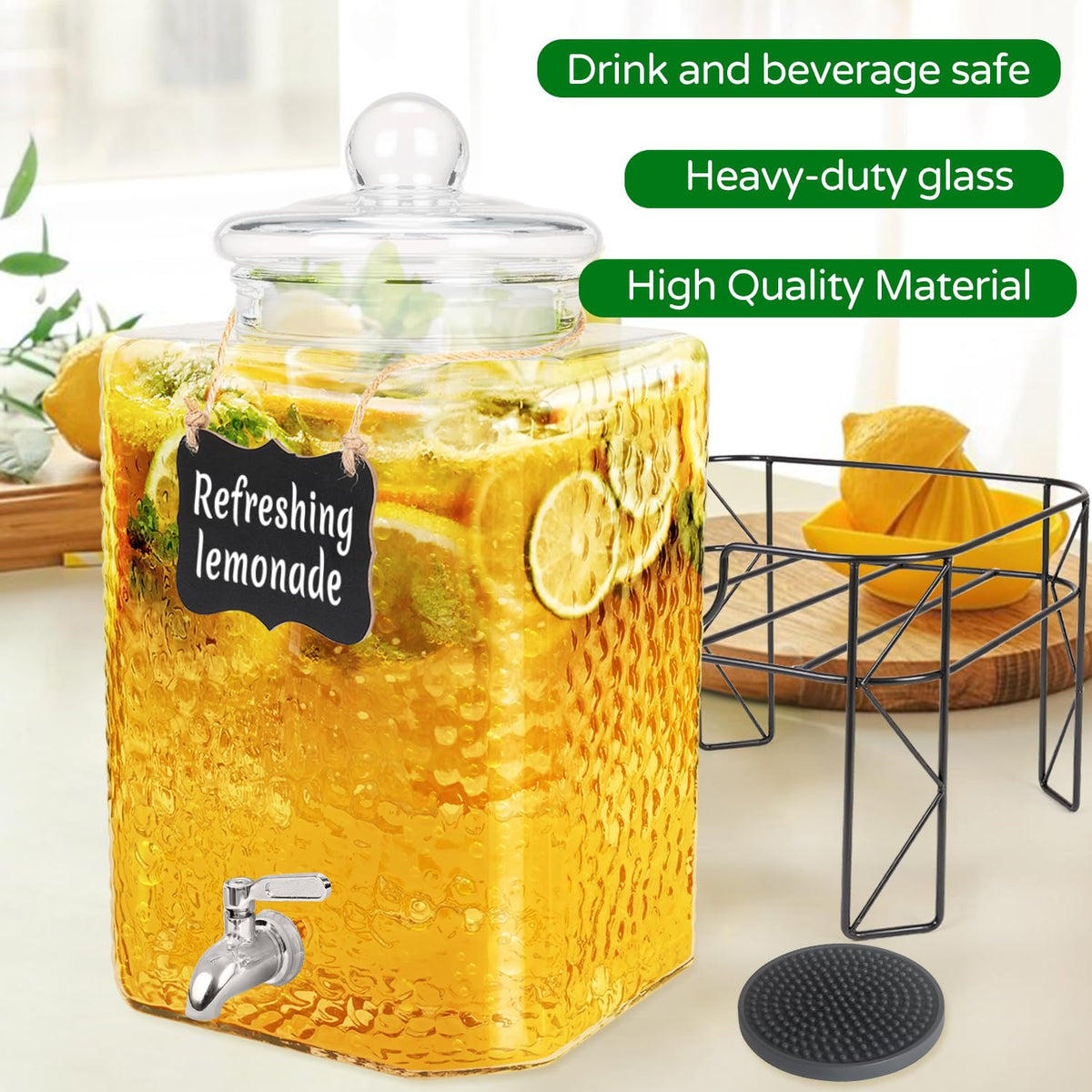 FULJOOY 4.6 Gallon Glass Beverage Dispenser with Stand Beverage Dispensers with Ice Cylinder Steel Spigot Hanging Chalkboard Signs Drip Trays Drink Juice Dispenser with Lids for Party Wedding Kitchen