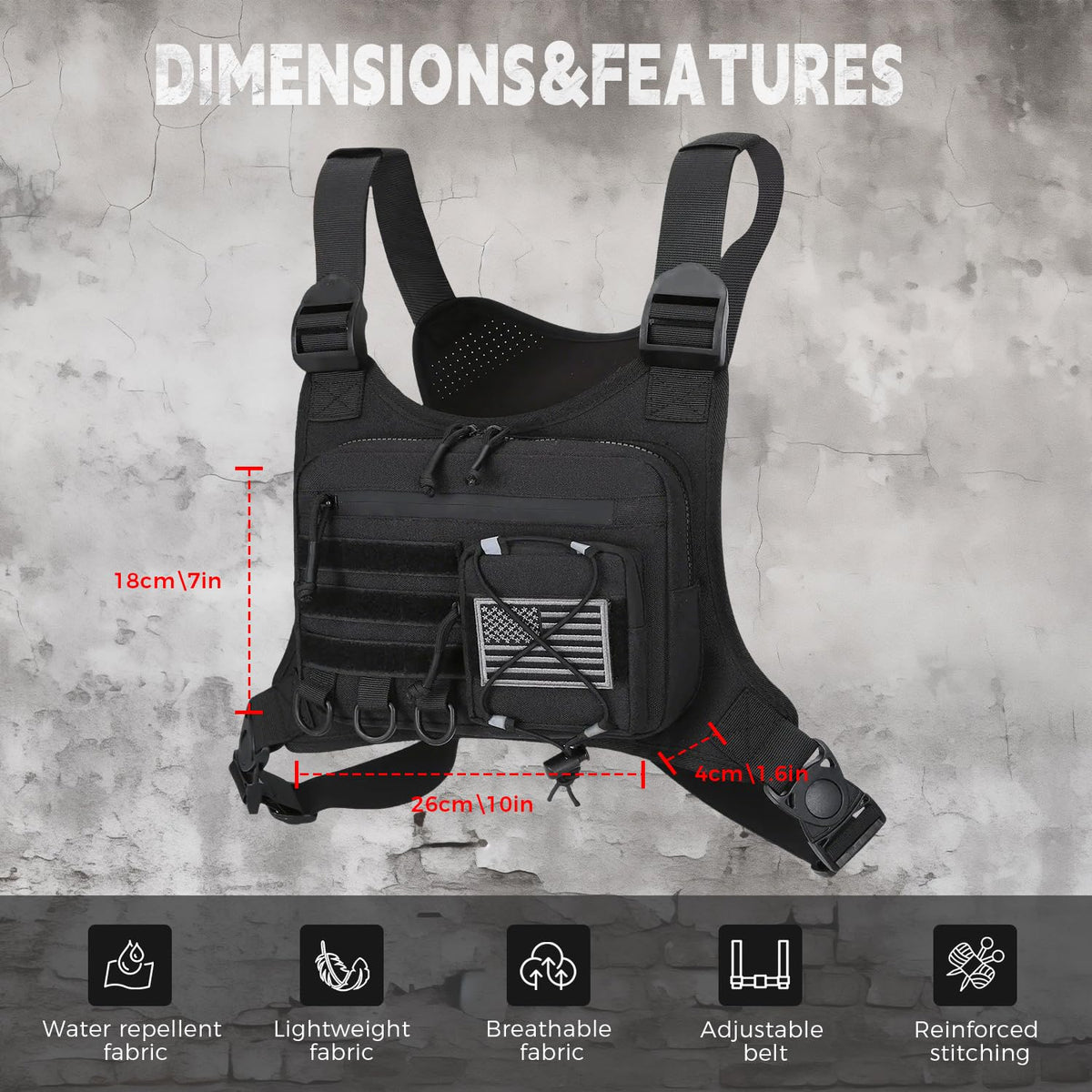 Outdoor Sports Chest Bag for Men, Chest Vest Holster Fits Most Pistols, Adjustable EDC Travel Chest Pack for Running, Hiking, Workouts (Black)