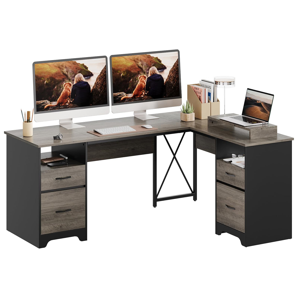 Bestier L Shaped Desk with 4 Drawers, 63" x 47" Executive Desk with Open Storage & Monitor Stand, Corner Desk with 2 File Drawers & Modesty Panel for Home Office, Gray