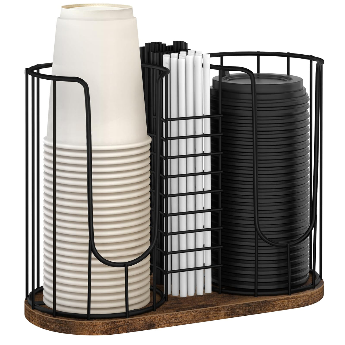 BCOZLUX Coffee Cup Holder 18oz 3-Compartment Paper Cup Dispenser Rack with Wood Base - Disposable Cup, Straw & Lid Organizer 3-in-1 Storage for Countertop, Coffee Bar, Kitchen, Office