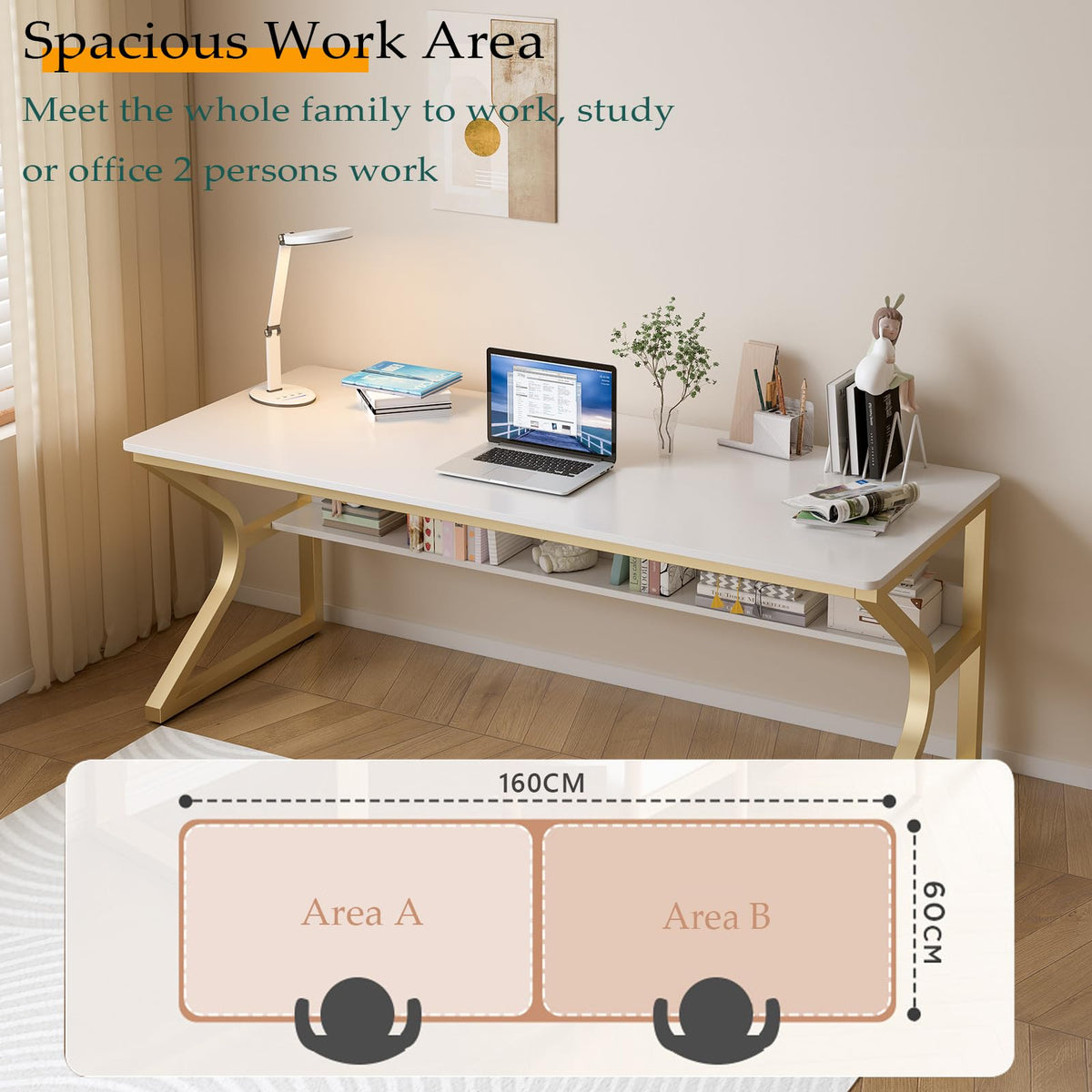 OSCHF Extra Long Desk with Bookshelf - 63" Double Long Writing Table for 2-Person Workstation, Modern Study Work Computer Desk for Home and Office, Gold