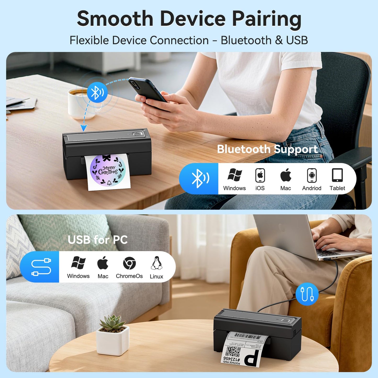 Hoorola Bluetooth Thermal Label Printer, Wireless 4x6 Shipping Label Printer for Small Business & Shipping Packages, Support iPhone, Android, Windows, macOS, Work for Amazon, Shopify, Etsy, USPS