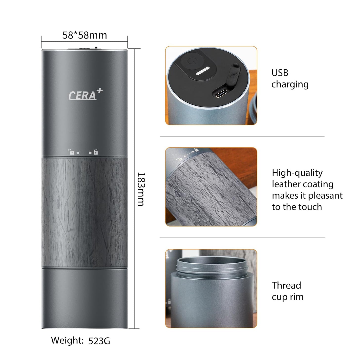 CERA+ Portable Coffee Bean Grinder,Electric Coffee Grinder,Coffee Grinder with 90 Precise Grind Setting,Auto‑Stop & One-Button,Burr Coffee Bean for Espresso,Pour-Over, French Press Moka, with Bag
