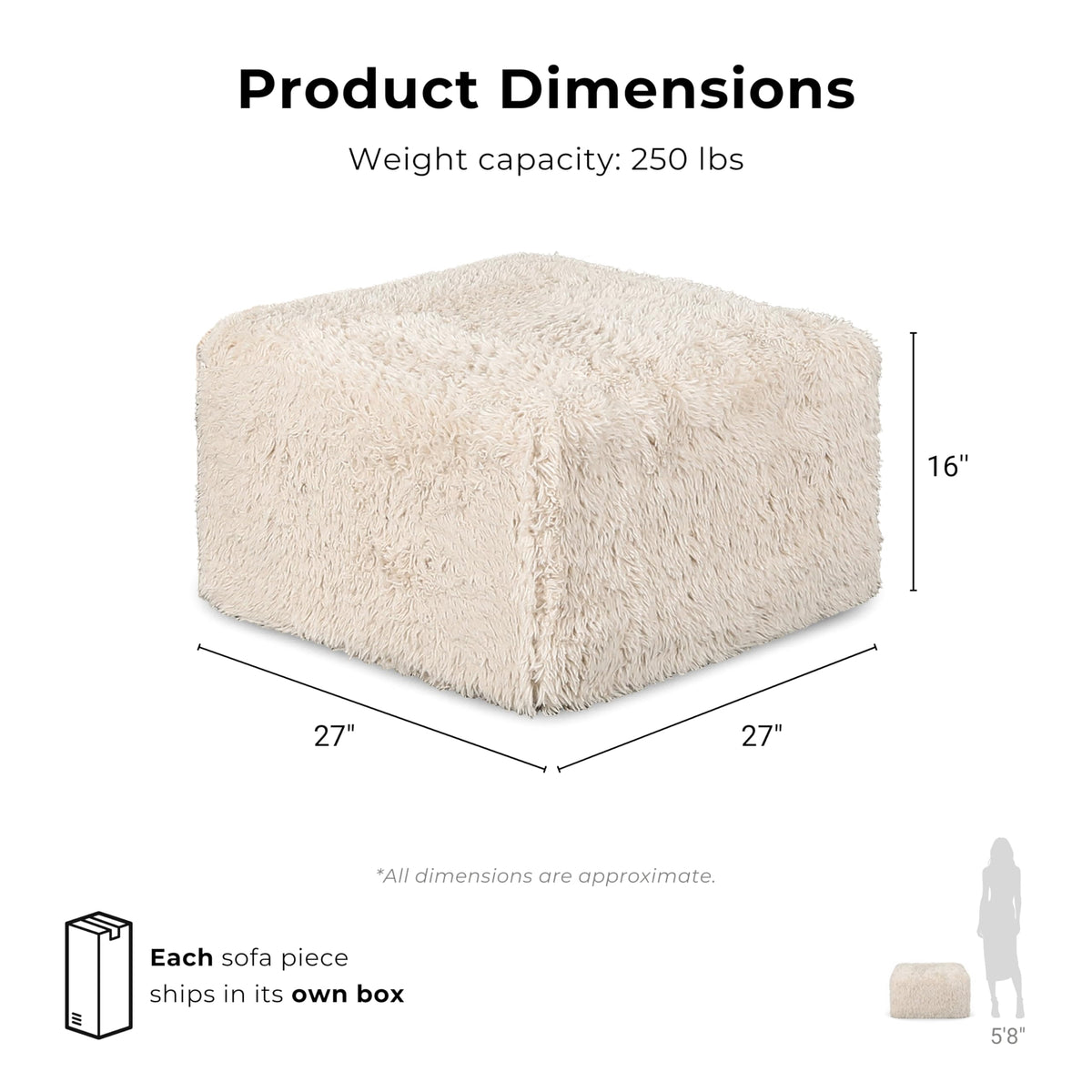 Furniture of America Havyn Modern Faux Fur 1-Seater Square Modular Foam Ottoman, Compressed Couch in a Box, No Assembly Required, for Living Room and Office, Taupe