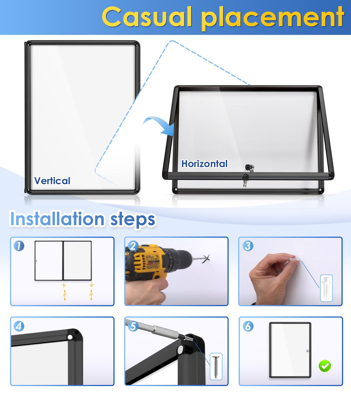 SWANCROWN Enclosed Notice Board Magnetic Bulletin Boards for Office with Locking Door,Black Frame, 26x20in (4XA4)