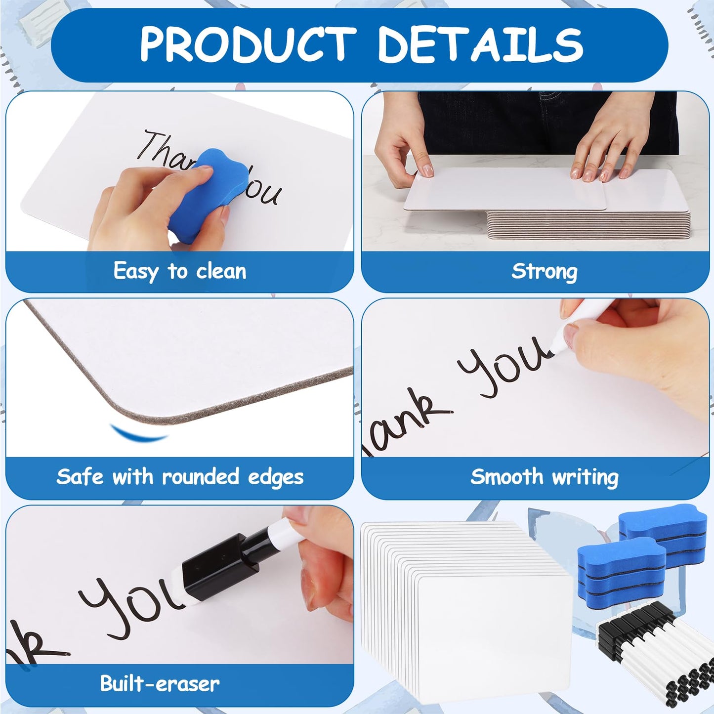 18 Pack Double Sided Dry Erase Boards 6 x 9 inch Double Sided White Boards with 18 Black Markers 6 Erasers Small White Dry Erase Boards for Students Teacher Classroom Supplies (Blank Whiteboard)