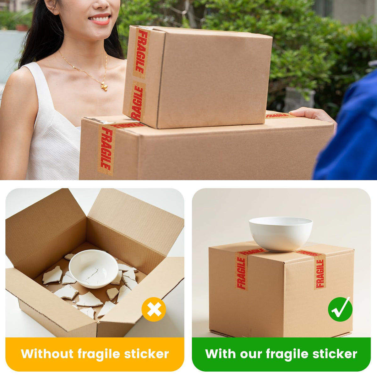 ADHES Fragile Tape, Biodegradable Kraft Paper Tape - 2in x 55yds, 6 Rolls, Strong Adhesive, Eco-Friendly Paper Packing Tape for Shipping & Moving, Heavy Duty Protection for Fragile Items