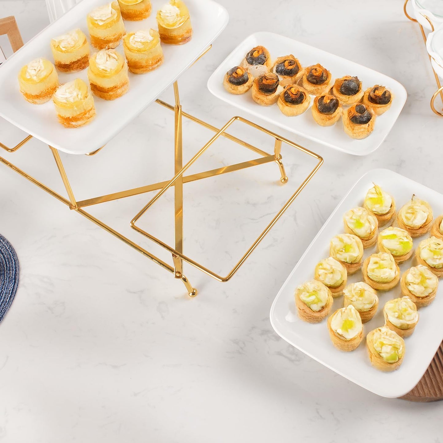 LIUYWYHCF 3-Tier Serving Rack with Ceramic Serving Tray, Foldable Gold Stand with 3 Pieces White 10.6 Inch Large Plates for Food Display, Fruit, Dessert Server Display and Entertaining