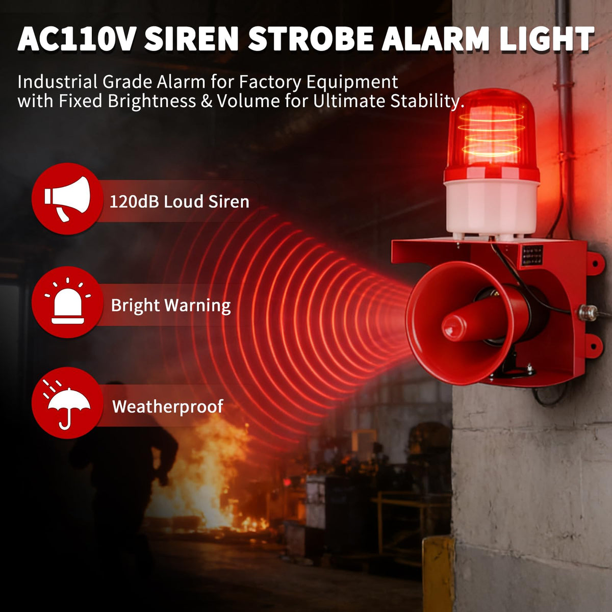 kbaoele AC110V Industrial Siren Alarm Strobe Light-120dB Loud Horn&Red Beacon Warning Light,Waterproof Indoor/Outdoor Safety Alarm for Emergency,Factory,Office,Fires,Tornado,Intruders,Animal Deterrent