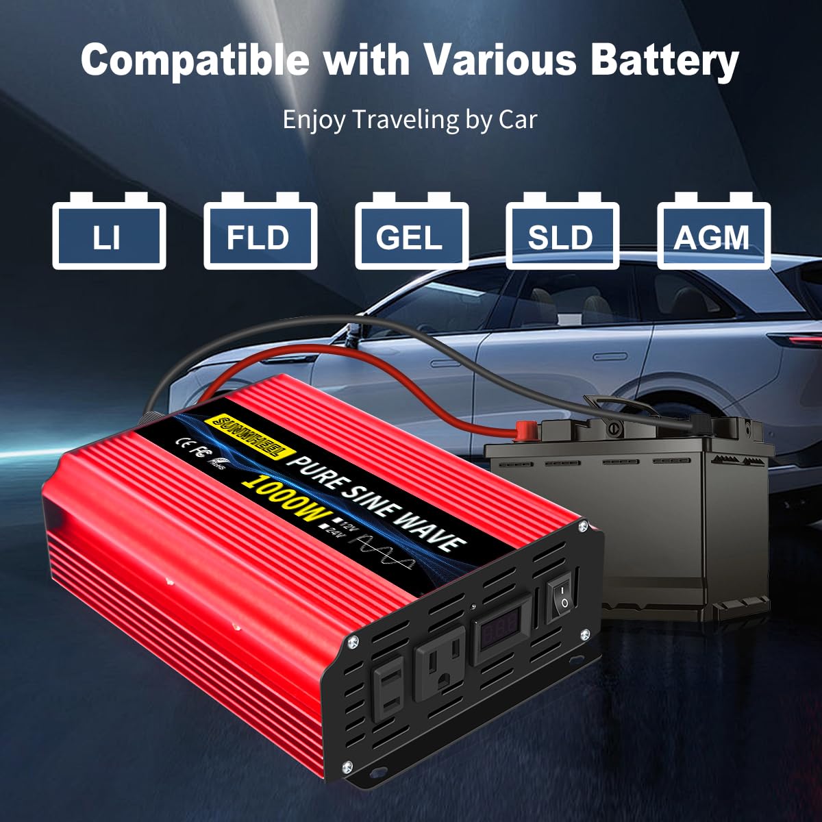 SUNWHEEL 1000W Pure Sine Wave Inverter, 12V DC to 110V/120V AC Power Inverter for RV、Off Grid、Truck with 2 AC outlets and LCD Display