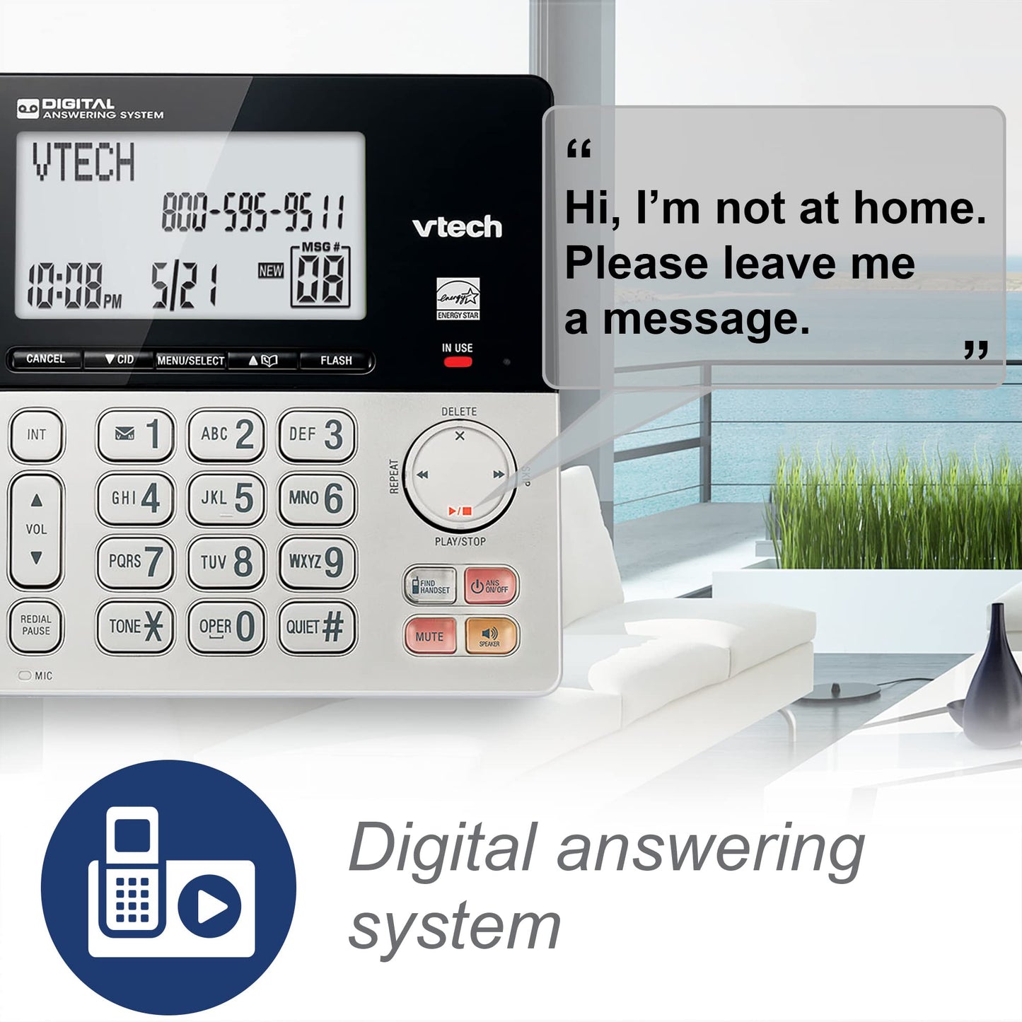 VTech VG208 DECT 6.0 Corded/Cordless Phone with Answering Machine, Call Blocking, Caller ID, Large Backlit Display, Full-Duplex Speakerphone - Silver/Black