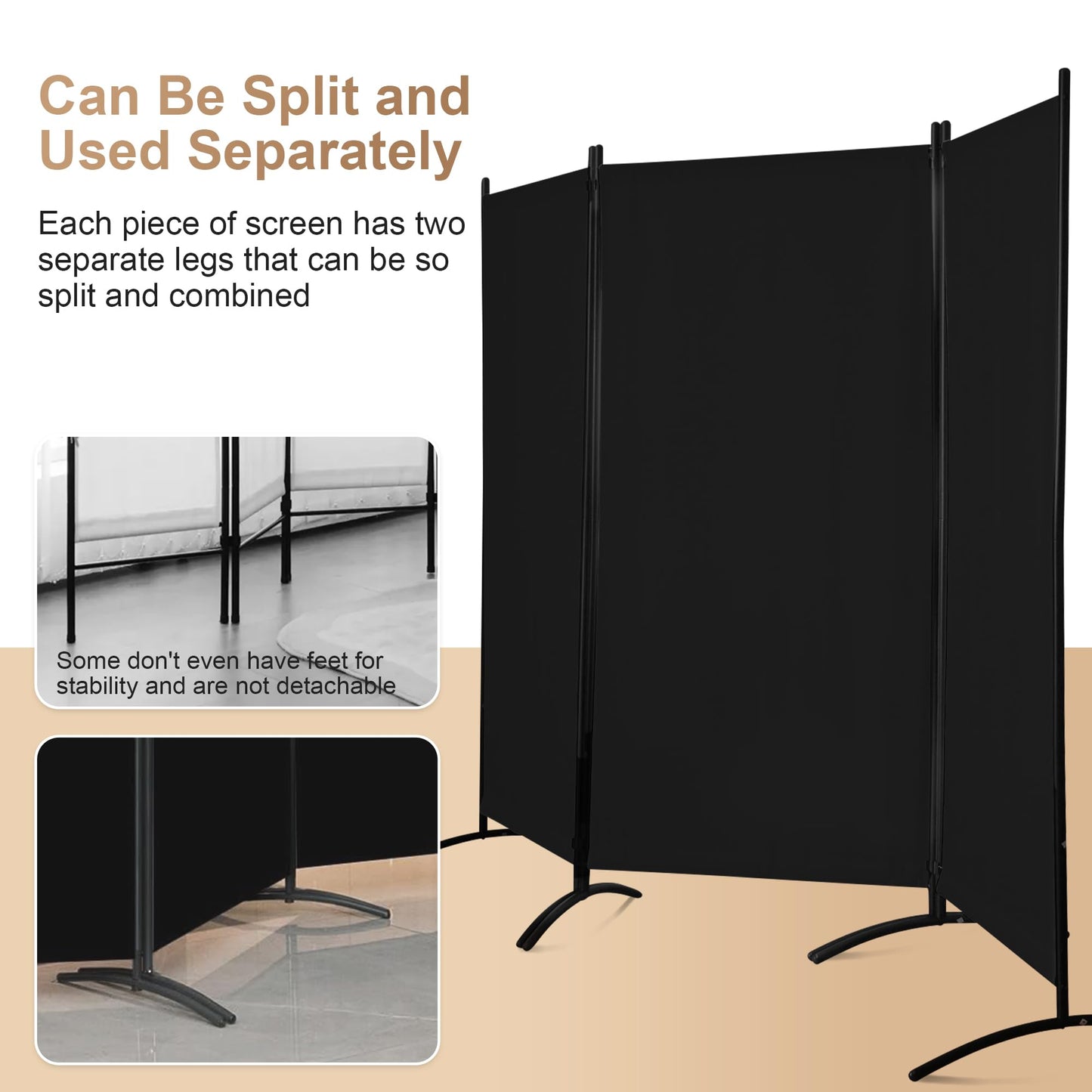 Grezone Large Folding Panel Portable Stand Room dividers Privacy Screen for Bedroom Dining Room Screens Curtains Partition Home Office Dorm Separation (Black, Three Panel)