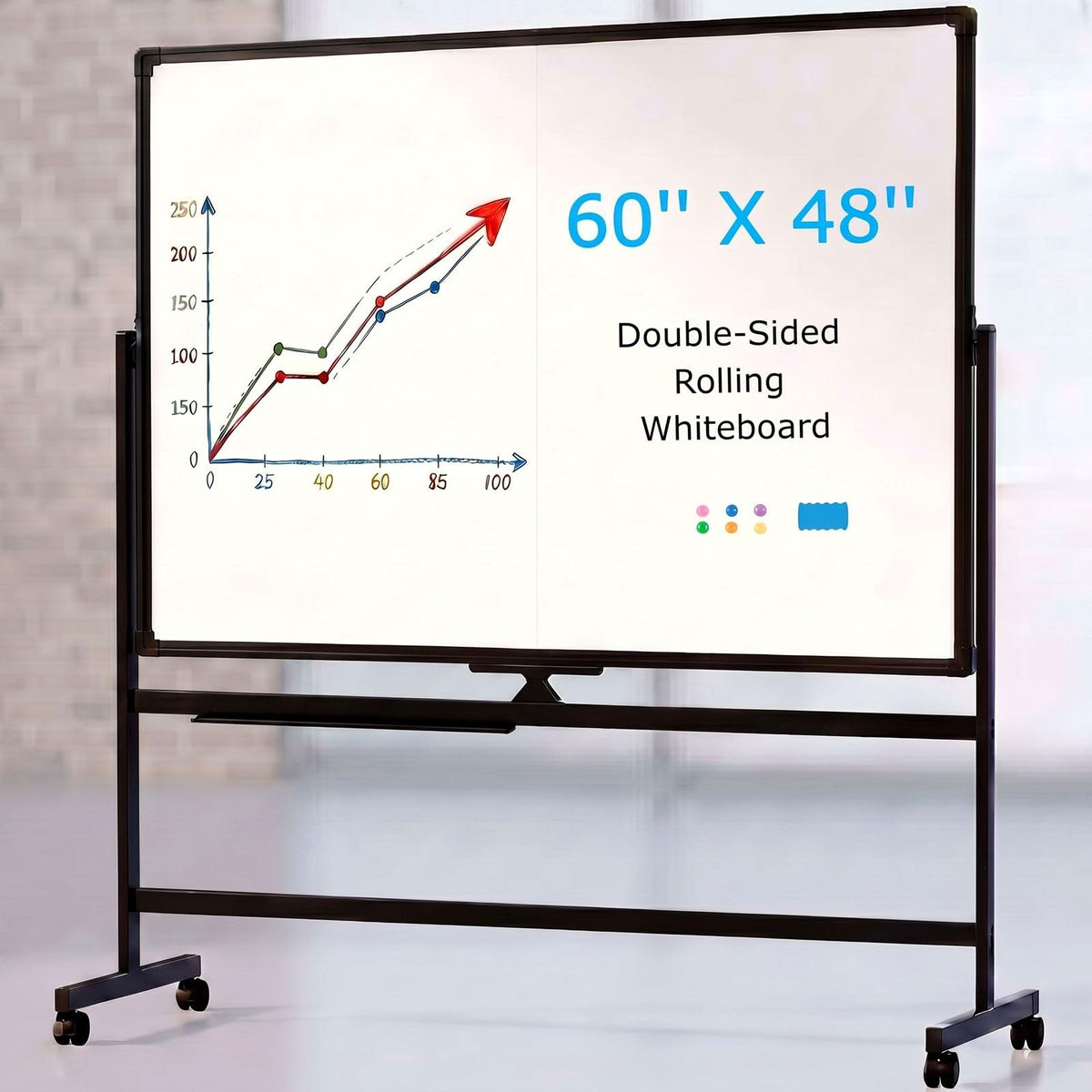 VOWNER Double-Sided Magnetic Whiteboard, 60" x 48" Mobile Dry Erase Board, Reversible Rolling White Board with Aluminum Frame & Stand, for Home Office, Classroom, School, Black