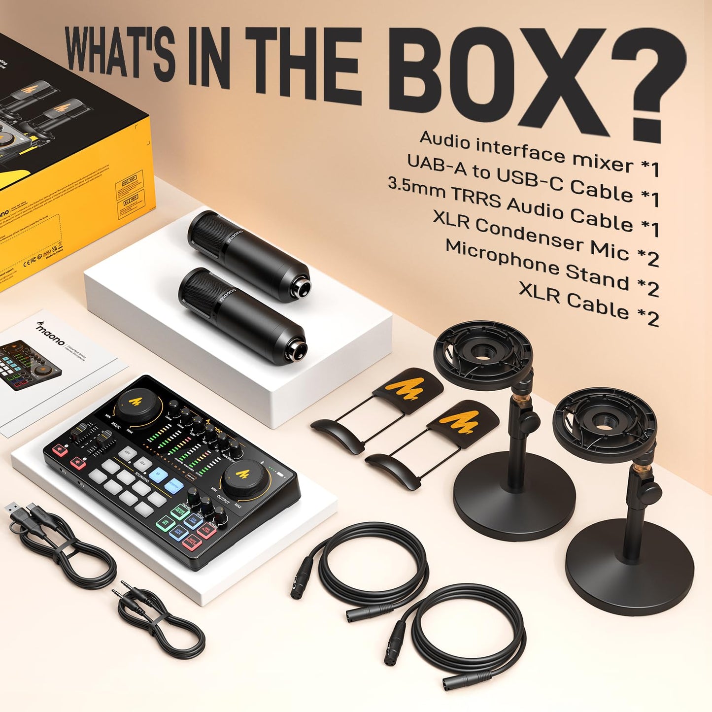 MAONO Podcast Equipment Bundle for 2: Audio Interface Mixer with 2 XLR Condenser Mic Noise Reduction Podcast Streaming MaonoCaster E2 Gen2B