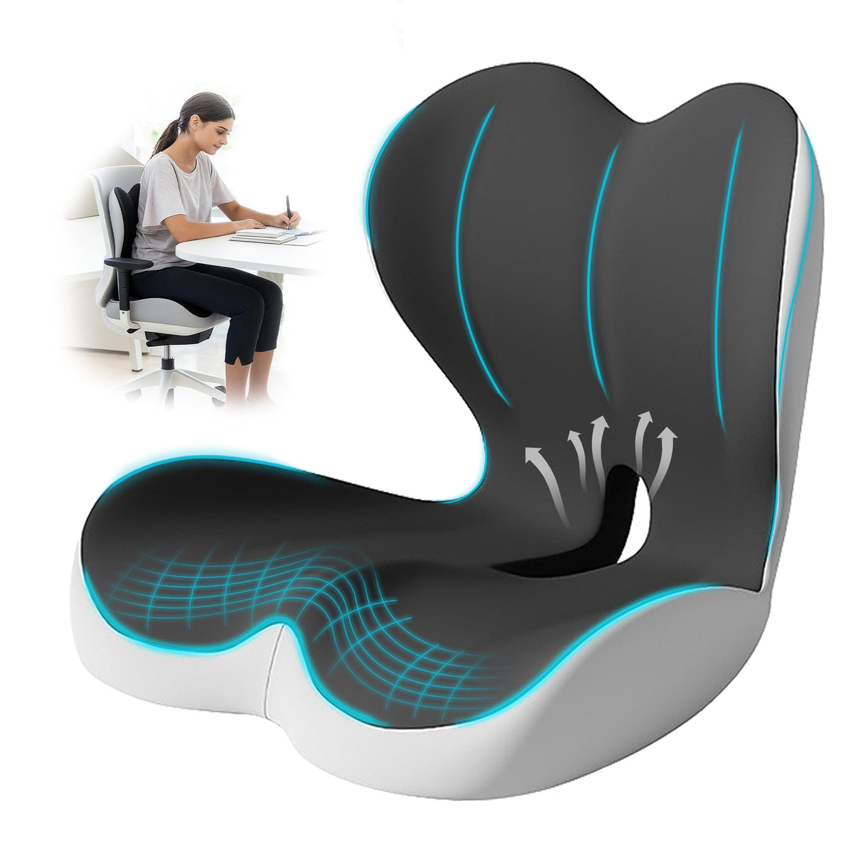 BANKQF Seat Cushion for Office Chair and Car, Lumbar Support Pillow for Office Chair, Memory Foam Ergonomic Seat Cushion for Long Sitting, Back & Tailbone Pain, Sciatica - Dark Gray & Light Gray