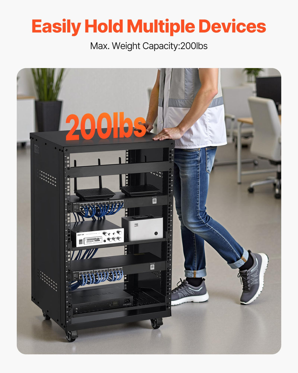VEVOR 16U AV Rack, Recording Studio Rack Cabinet, Open Frame Server Rack with Locking Caster Wheels, Removable Side Panels & Vent Design for 19" Network, Audio, Video, IT & Network Equipment Mounting