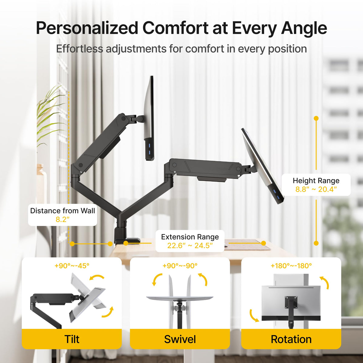 monTEK Dual Monitor Mount with USB Monitor Arms for 2 Monitors for 17 to 35 Inch Curved Screen Holds 35 Lbs Adjustable Heavy Duty Monitor Desk Mount Cable Management, VESA 75/100mm