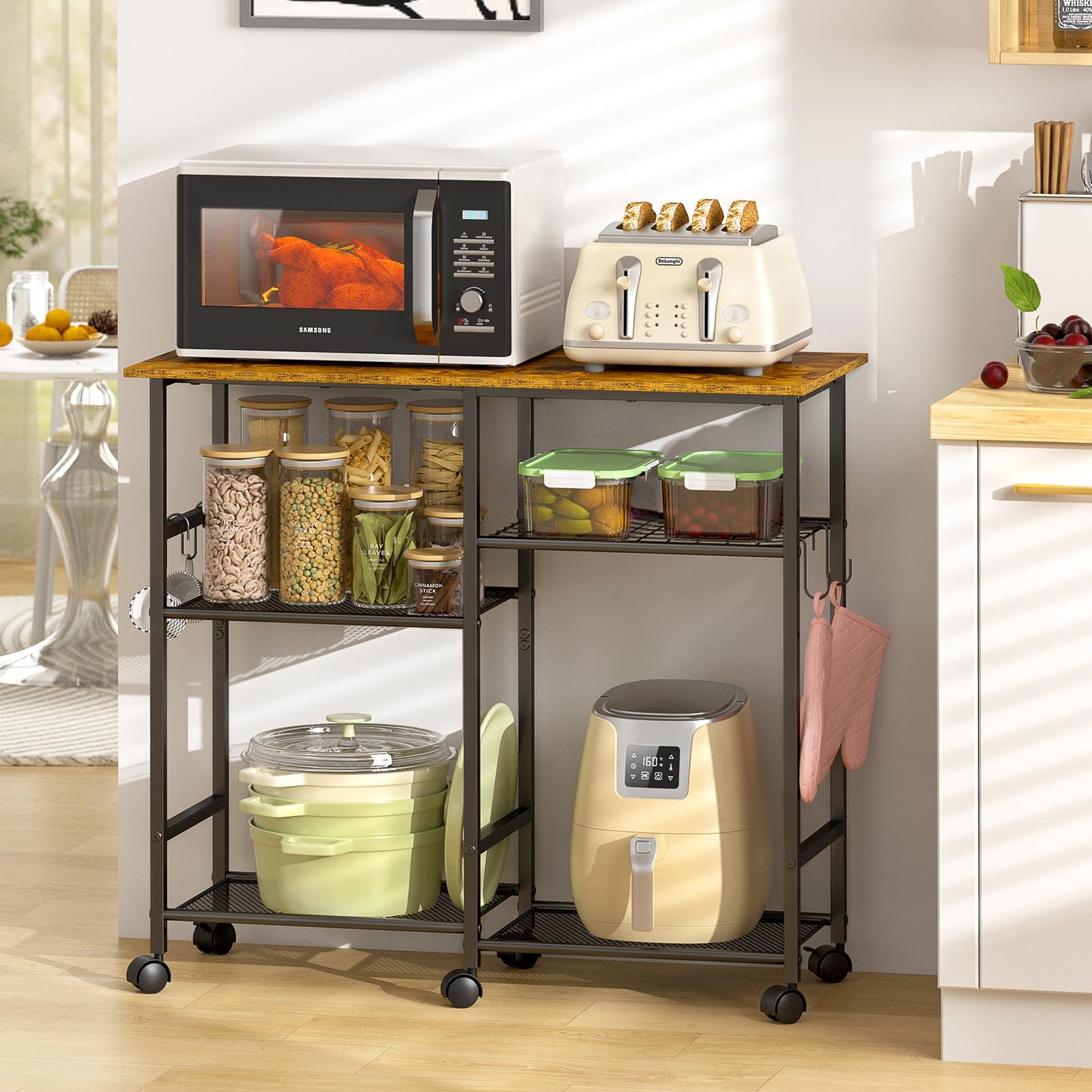 ThreeHio Rolling Kitchen Microwave Cart, 3-Tier Microwave Stand with Adjustable Shelf, Kitchen Storage Cart on Lockable Wheels, Coffee Bar Baker's Rack Organizer Shelf for Living Room, Office, Balcony