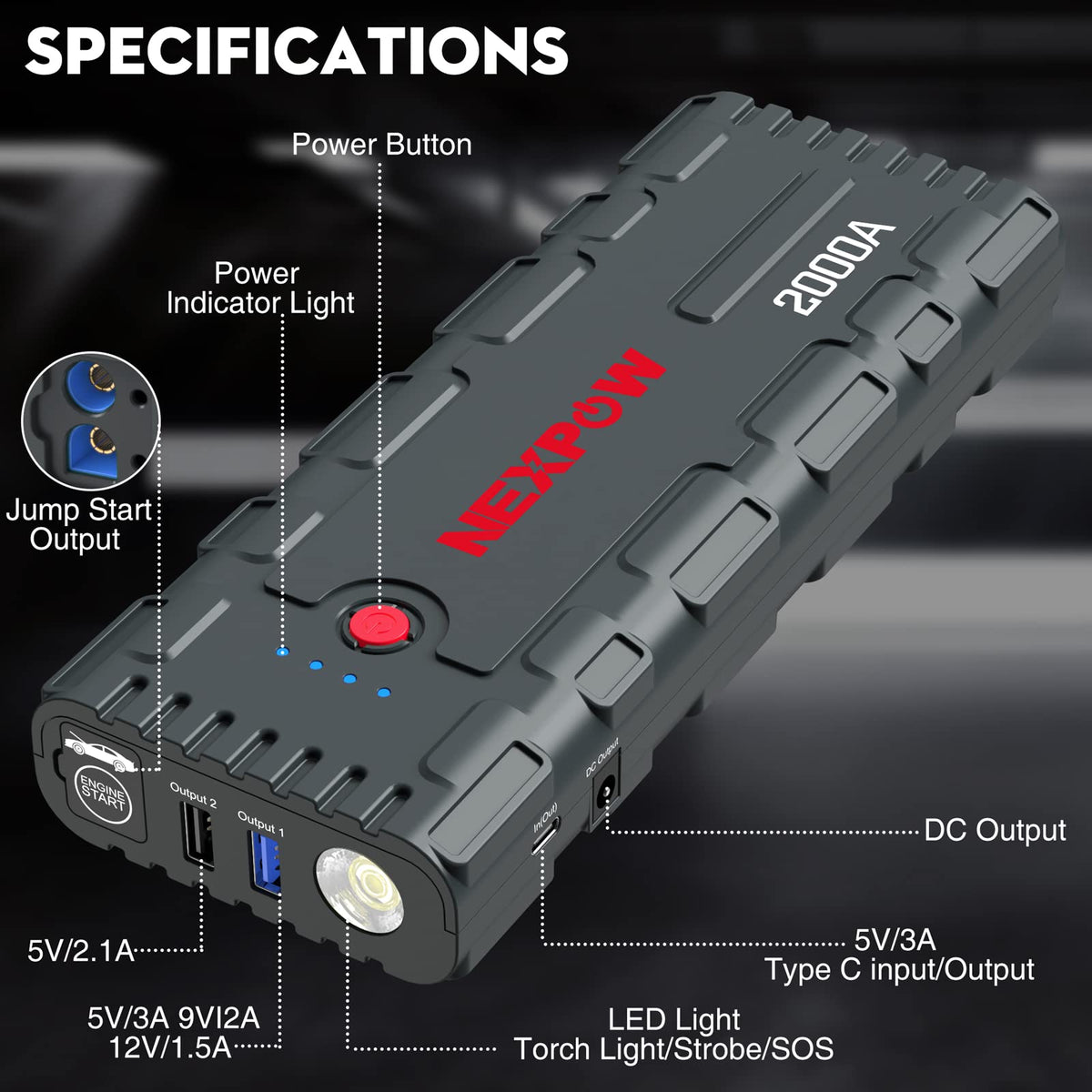 NEXPOW 2000A Peak Car Jump Starter with USB Quick Charge 3.0 (Up to 7.0L Gas or 6.5L Diesel Engine), 12V Portable Jump Box, Battery Booster with Built-in LED Light