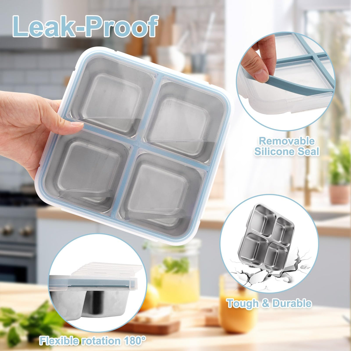 Luriseminger 3 Pack Stainless Steel Bento Lunch Box, 4 Compartment Snack Containers, Divided Meal Prep Lunch Containers, Food Storage Containers For Work and Travel