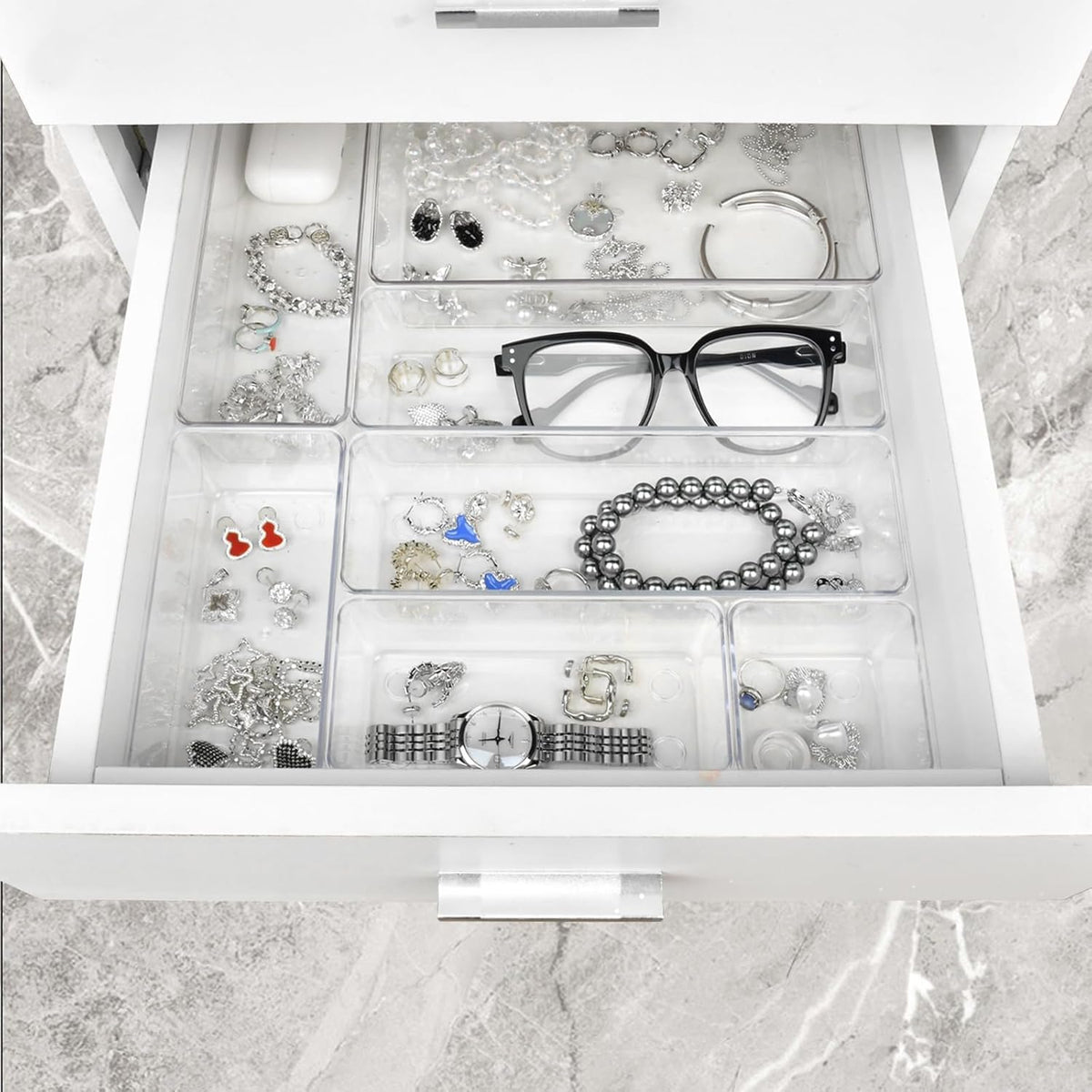 Manalete Drawer Organizers Set of 12, 4 Sizes Clear Plastic Drawer Organizers and Storage Bins for Kitchen, Bathroom, Office, Dresser Desk Drawer Organizer Tray for Jewelry, Makeup, Junk, Gadgets