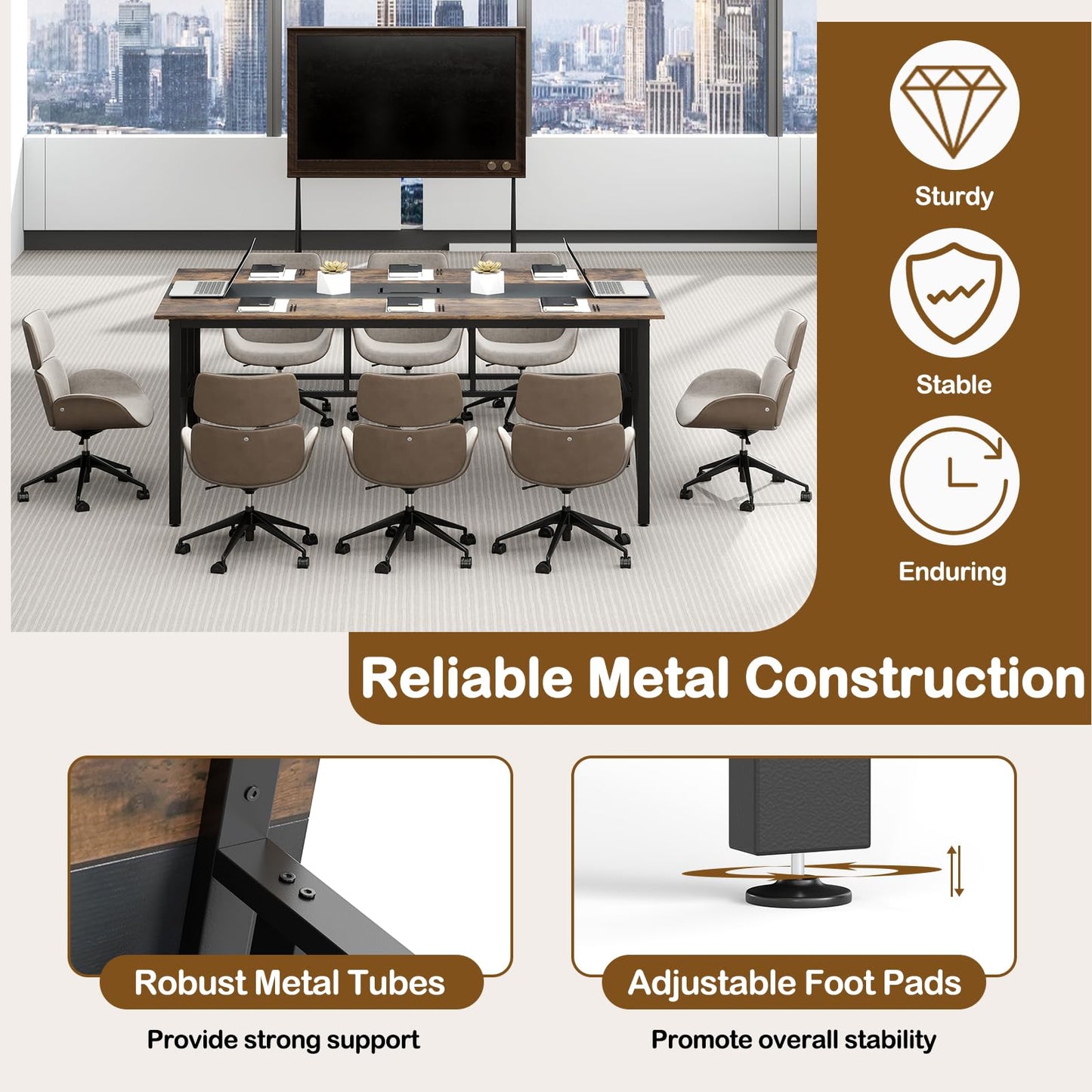 Giantex 6 FT Conference Table for 6-8 People, Modern 71" L x 38" W Large Meeting Table with Storage Shelf & Cable Grommet, Rectangle Conference Room Table for Office, Boardroom, Rustic Brown (1)