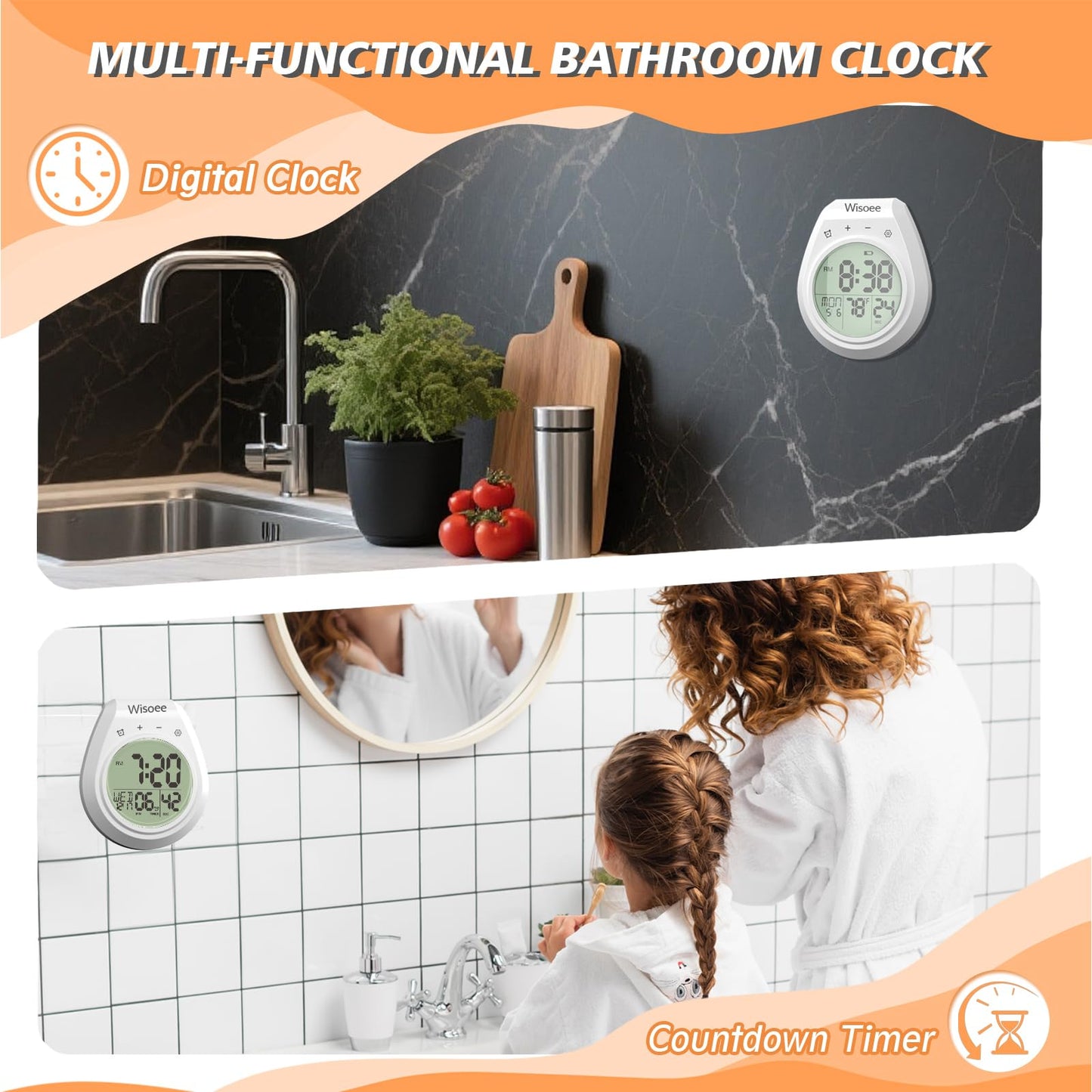Wisoee Shower Clock Waterproof Bathroom Timer, Kitchen Wall Clock with Countdown, Temperature, Suction Cup, Battery Operated Digital Clock for Bath, Cook