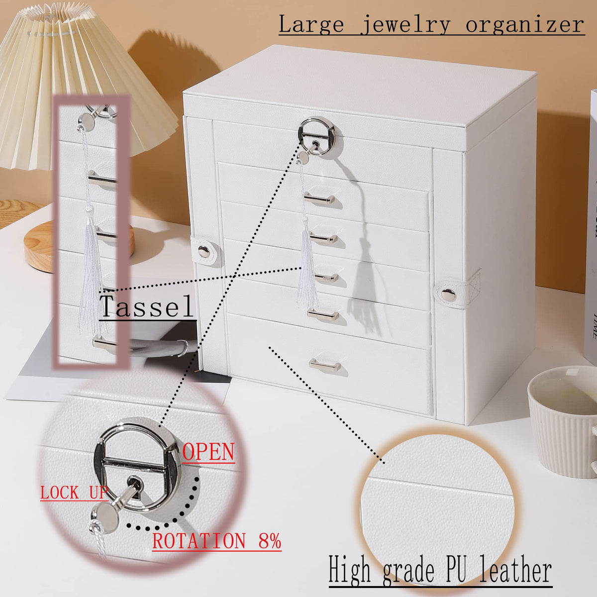 BOOVO Jewelry Box For women, 6 Layer Large Jewelry Organizer With Mirror, Multi-Function Storage Box With Lock, Accessory Holder With 5 Drawers, For Earrings Necklace Ring Bracelet (White)