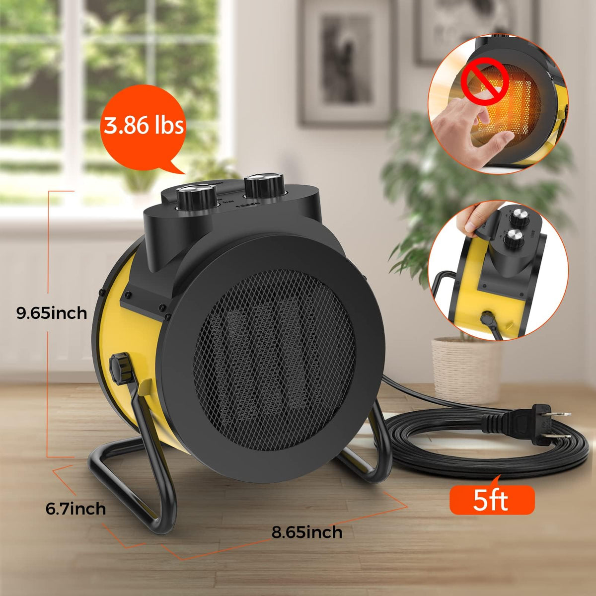 1500W Electric Space Heater with 90 Adjustable Angle, Overheat Protection, Heater for Garage, Office, Indoor Use (Yellow)