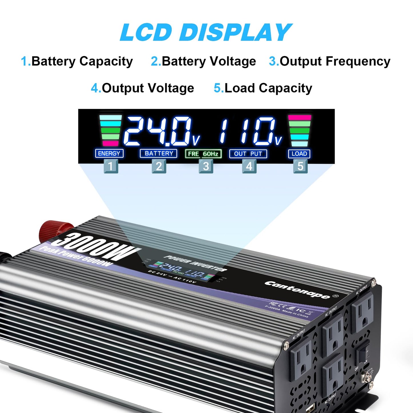Cantonape 3000W Power Inverter 24V to 110V/120V DC to AC with LCD Display, Remote Controller and 4 x AC Outlets Car Adapter for Car Truck Boat RV Off Grid Solar System