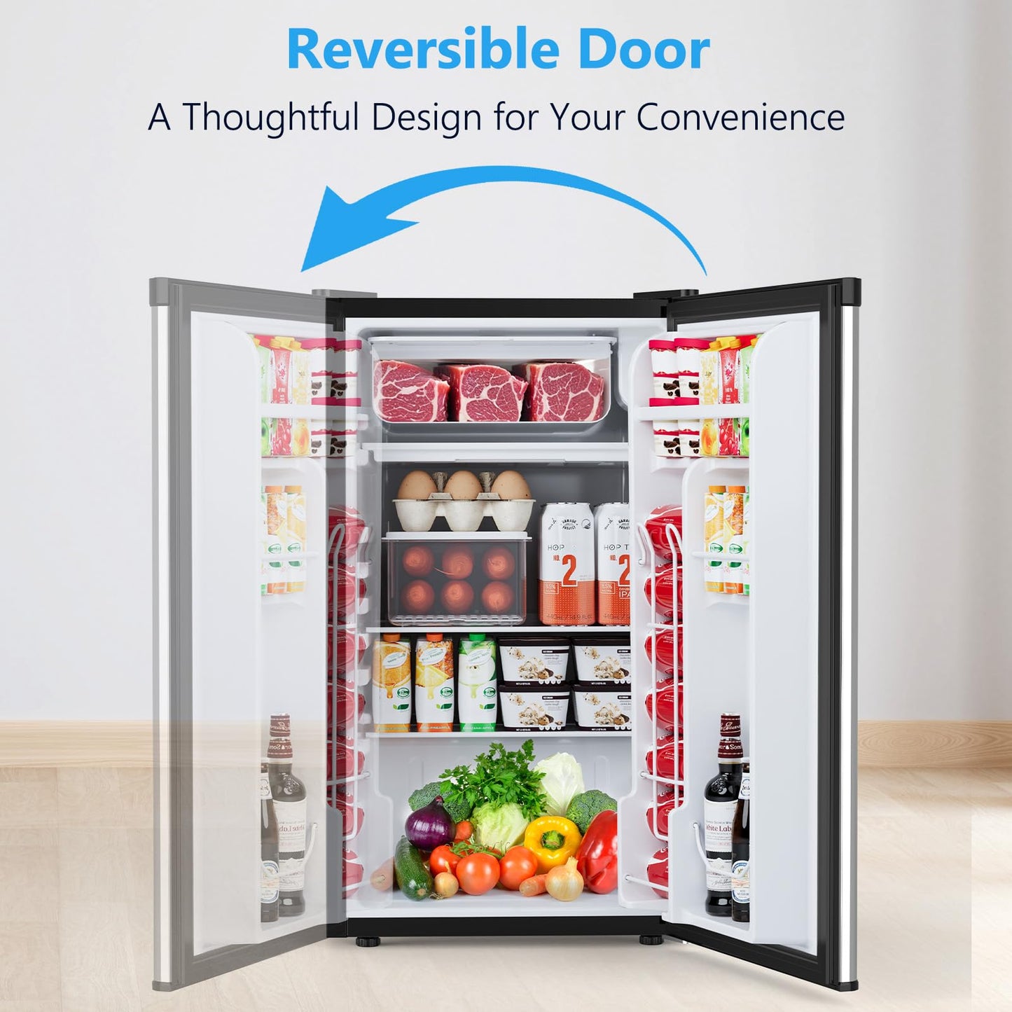 COWSAR 3.2 Cu.Ft Dorm Fridge with Freezer, Single Reversible Door Compact Refrigerator, Adjustable Thermostat, 2 Removable Shelves, Commercial Drink Fridge for Bedroom, Office, Kitchen, Dorm, Silver