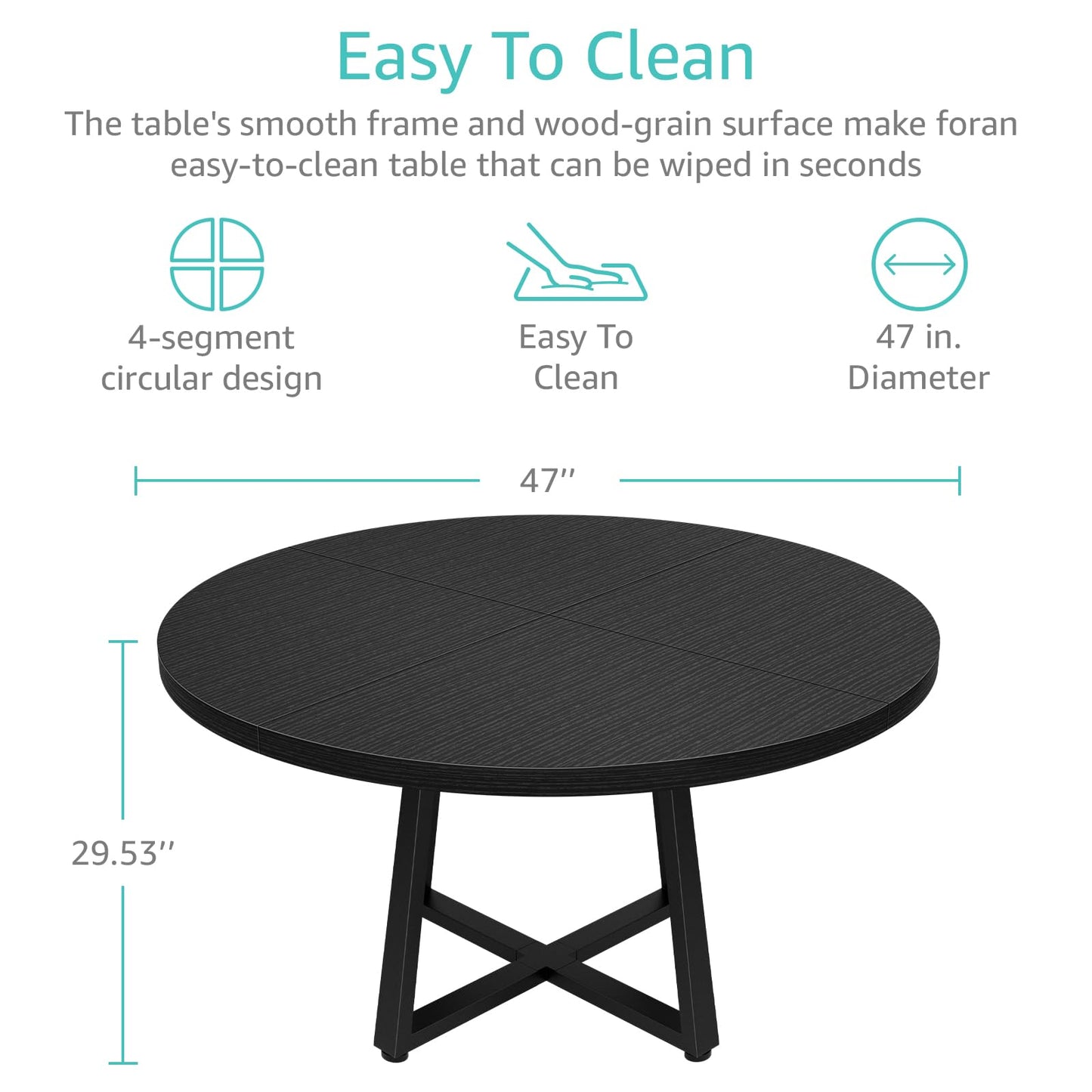NUTIKAS 47 Inch Round Dining Table for 4, Modern Black Wood Grain Kitchen Table with Cross Metal Legs, Circular Industrial Dinner Table for Small Spaces, Breakfast Nook, Apartment, Office