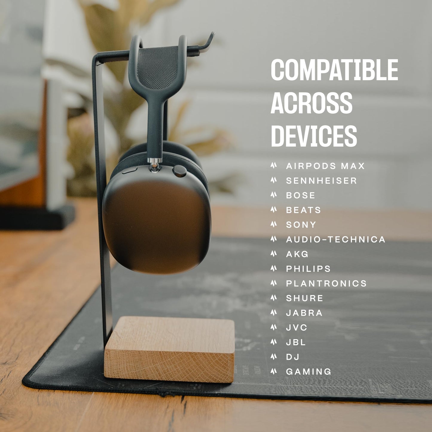 COREMINDED Universal Headphone Stand for Desk, Solid Wood Gaming Headset Stand, Heavy Duty Wooden Headphones Holder, Compatible with Airpods Max and More