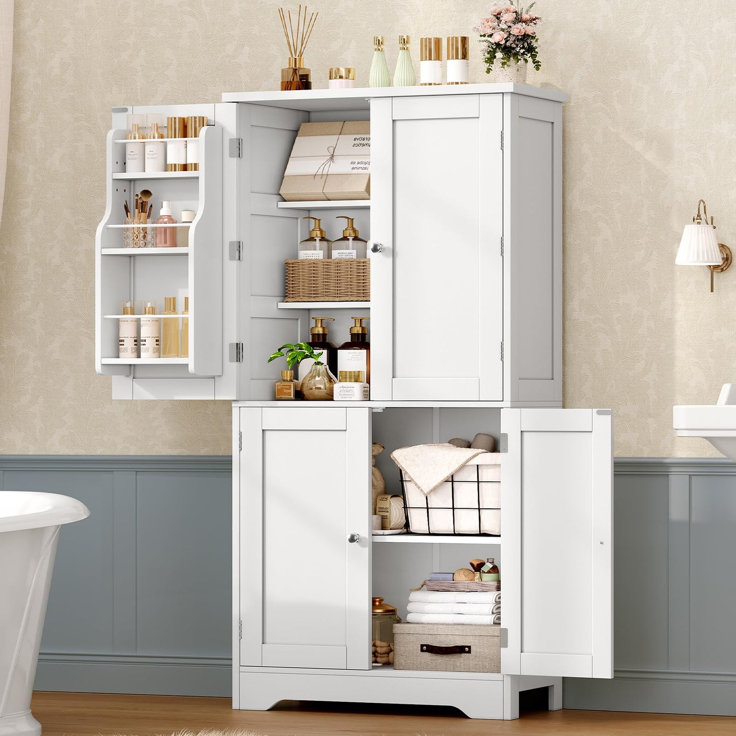 TEENFON 51" H Pantry Cabinet with 4 Doors, Kitchen Cabinet with 6 Door Shelves, Storage Cabinet for Living Room, Dining Room, Bathroom, White