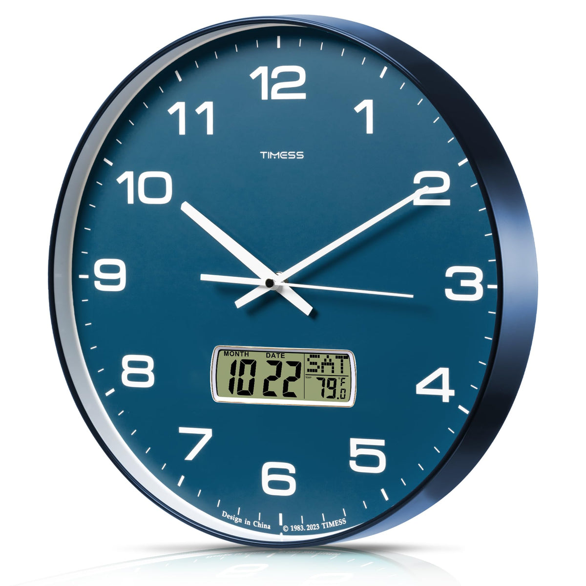 TIMESS Wall Clock, 14" Large Dial Non-Ticking Silent Battery Operated Analog with LCD Display for Perpetual Calendar and F° Temperature, Ideal Modern Home, Bedroom, Kitchen, Office Decor (Blue)