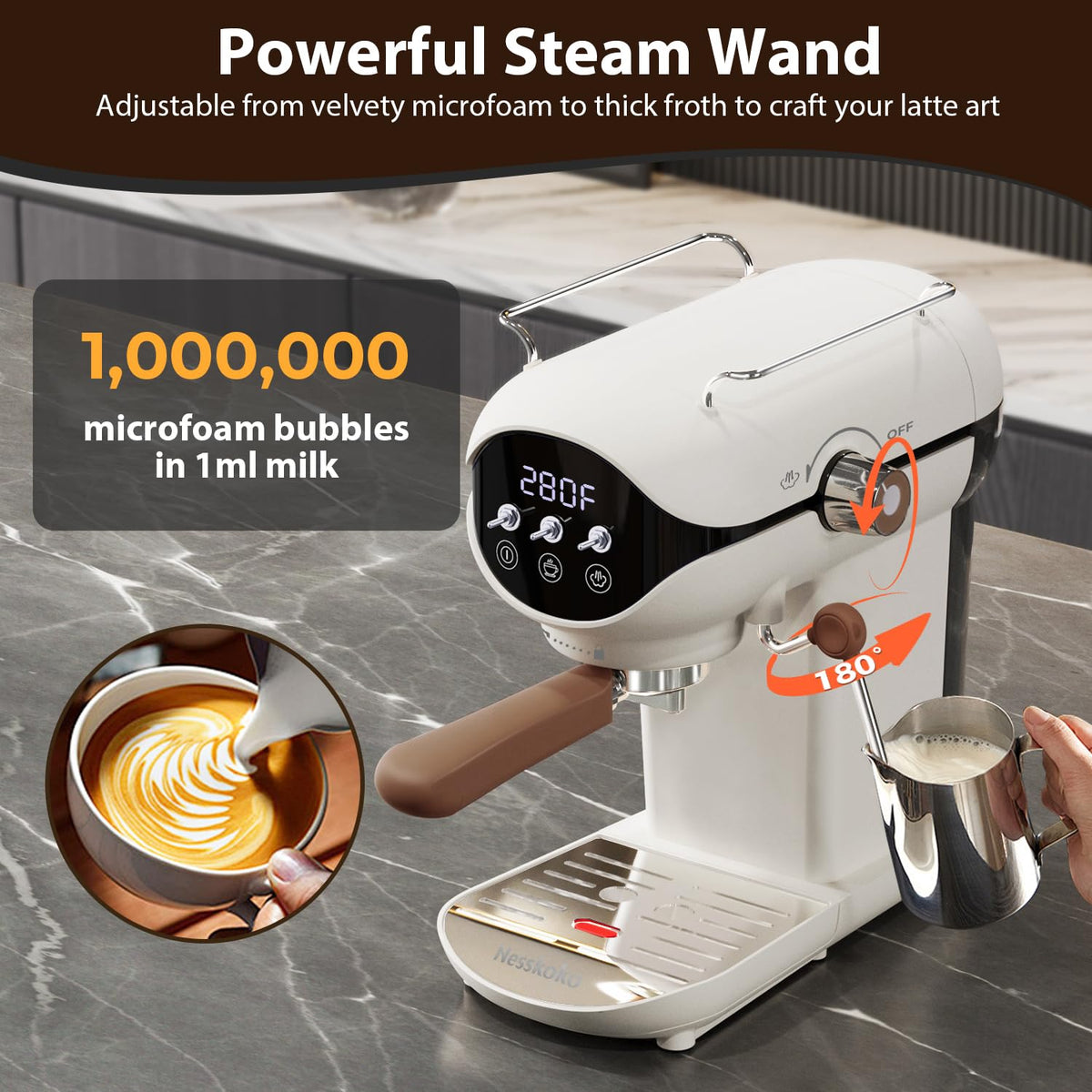 Nesskoko Espresso Machine with Steam Milk Frother Semi Automatic 20 Bar Compact White with Toggle Switch for home Cafetera Espresso, Latte, Cappuccino, Americano, Macchiato