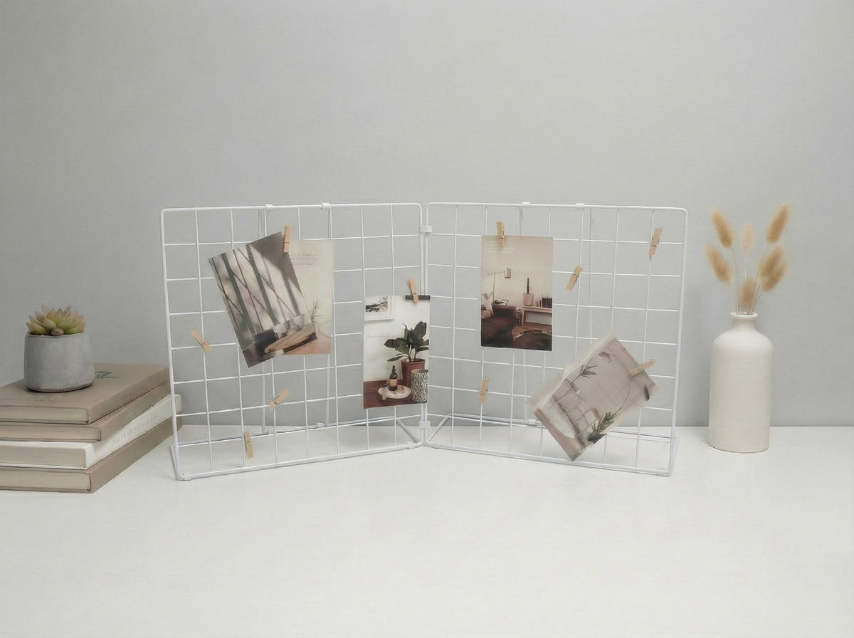 JAJAGOU Foldable Double-sided Desktop Photo Display Rack & Grid Display Board With 20 Wooden Clips – Photo & Accessory Organizer For Home Office White