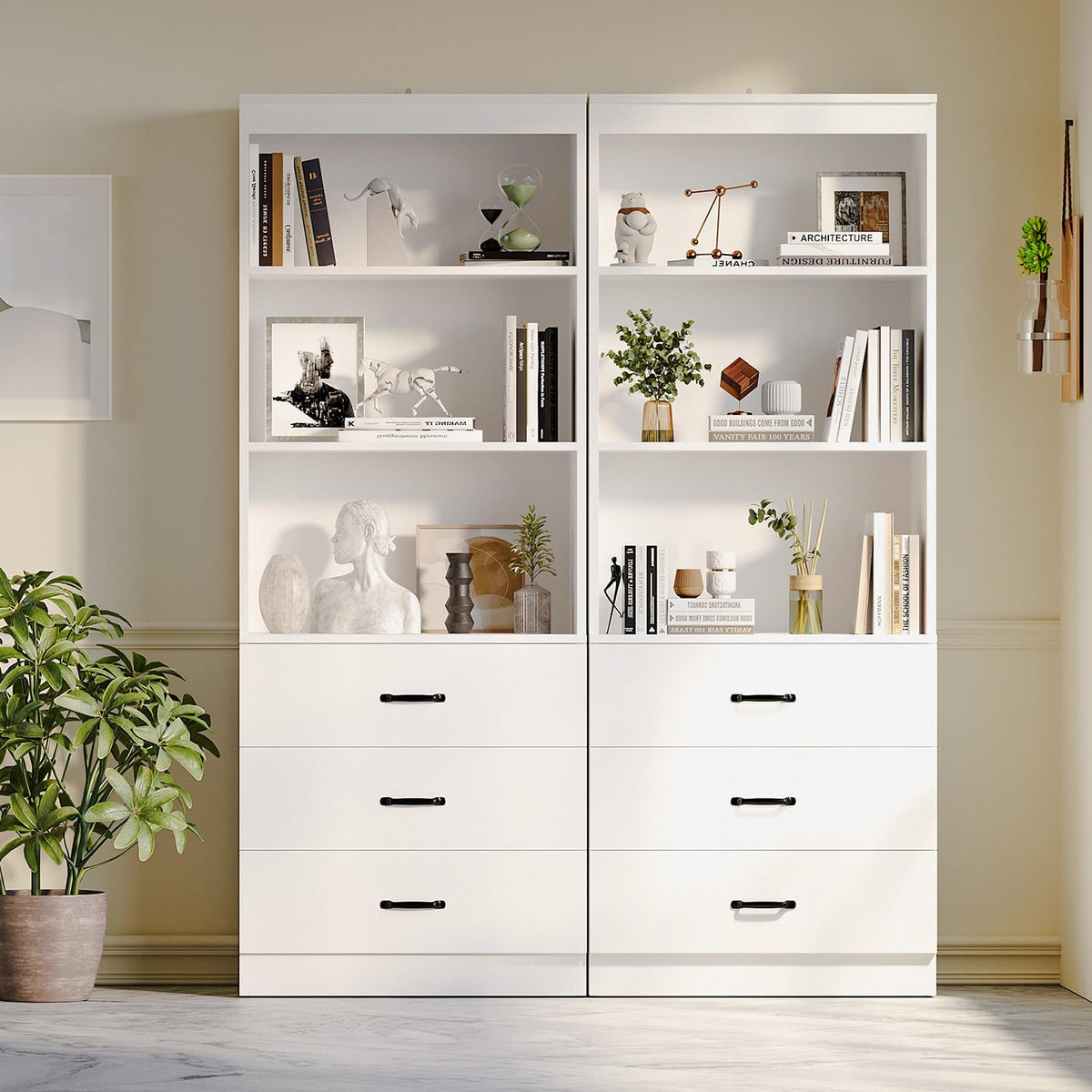 OneBlis 70" H Bookshelf with Drawers, Tall Bookcase with 3-Tier Open Shelves, Bookshelf and Bookcase with Storage Cabinet for Home Office,Living Room(White, 6-Tier)