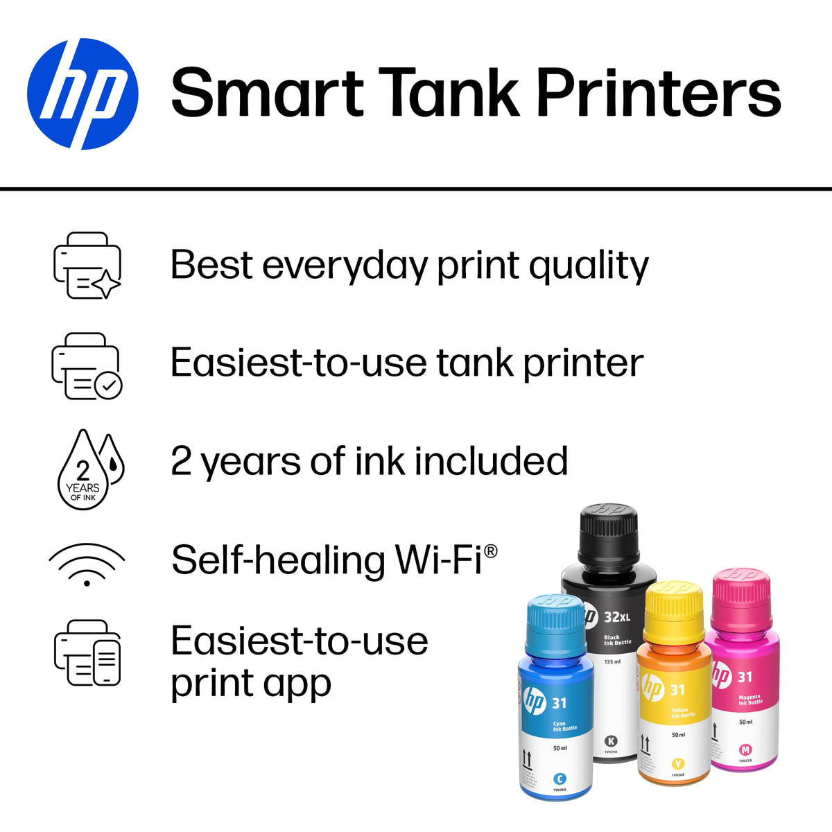 HP Smart Tank 5000 Wireless All-in-One Ink Tank Printer, Scanner, Copier with 2 Years of Ink Included, Best-for-Home, Cartridge-Free, Refillable, AI-Enabled, an EcoTank Alternative (5D1B6A)
