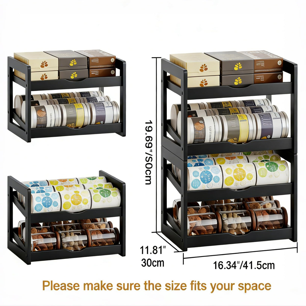 BAMBANG Can Organizer for Pantry, Detachable Bamboo 4 Tier Stackable Can Storage Rack, Rolling Soda Can Dispenser Can Holders for Cabinet, Holds Up to 48 Cans, Black